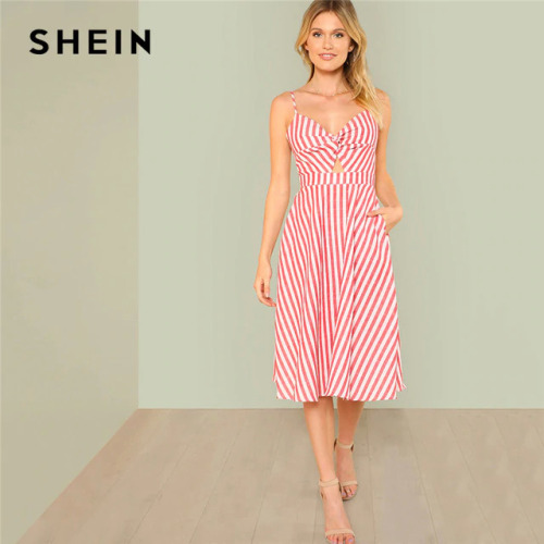 SHEIN Red Vacation Boho Bohemian Beach Backless Twist Front Cutout Knot Back Striped V Neck Cami Dress Summer Women Sexy Dresses