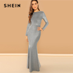 SHEIN Silver Solid Split Mermaid Hem Maxi Dress Plain Long Sleeve Stretchy Party Dresses Women Autumn Sheath Going Out Dress