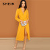 SHEIN Streetwear Weekend Casual Ginger Waist Belted Wrap Notched Neck Asymmetrical Maxi Dress 2018 Autumn Elegant Women Dresses