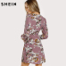 SHEIN Surplice Wrap Floral Dress Multicolor A Line Womens Dresses 2017 Autumn Style Deep V Neck Long Sleeve Dress