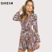 SHEIN Surplice Wrap Floral Dress Multicolor A Line Womens Dresses 2017 Autumn Style Deep V Neck Long Sleeve Dress