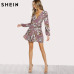 SHEIN Surplice Wrap Floral Dress Multicolor A Line Womens Dresses 2017 Autumn Style Deep V Neck Long Sleeve Dress