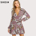 SHEIN Surplice Wrap Floral Dress Multicolor A Line Womens Dresses 2017 Autumn Style Deep V Neck Long Sleeve Dress