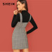 SHEIN Weekend Casual Coffee Deep V Neck Zipper Up Fitted Shell Sleeveless Sheath Plaid Dress Women Autumn Elegant Dress