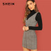 SHEIN Weekend Casual Coffee Deep V Neck Zipper Up Fitted Shell Sleeveless Sheath Plaid Dress Women Autumn Elegant Dress