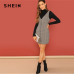 SHEIN Weekend Casual Coffee Deep V Neck Zipper Up Fitted Shell Sleeveless Sheath Plaid Dress Women Autumn Elegant Dress