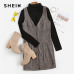 SHEIN Weekend Casual Coffee Deep V Neck Zipper Up Fitted Shell Sleeveless Sheath Plaid Dress Women Autumn Elegant Dress