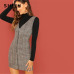 SHEIN Weekend Casual Coffee Deep V Neck Zipper Up Fitted Shell Sleeveless Sheath Plaid Dress Women Autumn Elegant Dress