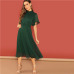 SHEIN Weekend Casual Green Flutter Sleeve Short Sleeve Split Tie Back Solid Stand Collar Dress Women Autumn Elegant Dress