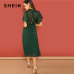 SHEIN Weekend Casual Green Flutter Sleeve Short Sleeve Split Tie Back Solid Stand Collar Dress Women Autumn Elegant Dress