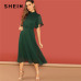 SHEIN Weekend Casual Green Flutter Sleeve Short Sleeve Split Tie Back Solid Stand Collar Dress Women Autumn Elegant Dress