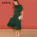 SHEIN Weekend Casual Green Flutter Sleeve Short Sleeve Split Tie Back Solid Stand Collar Dress Women Autumn Elegant Dress