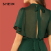 SHEIN Weekend Casual Green Flutter Sleeve Short Sleeve Split Tie Back Solid Stand Collar Dress Women Autumn Elegant Dress