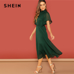 SHEIN Weekend Casual Green Flutter Sleeve Short Sleeve Split Tie Back Solid Stand Collar Dress Women Autumn Elegant Dress