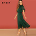 SHEIN Weekend Casual Green Flutter Sleeve Short Sleeve Split Tie Back Solid Stand Collar Dress Women Autumn Elegant Dress