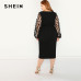 SHEIN Women Plus Size Elegant Black Pencil Dress With Applique Mesh Lantern Sleeve High Street Belted Slim Fit Party Dresses