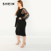 SHEIN Women Plus Size Elegant Black Pencil Dress With Applique Mesh Lantern Sleeve High Street Belted Slim Fit Party Dresses