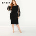 SHEIN Women Plus Size Elegant Black Pencil Dress With Applique Mesh Lantern Sleeve High Street Belted Slim Fit Party Dresses