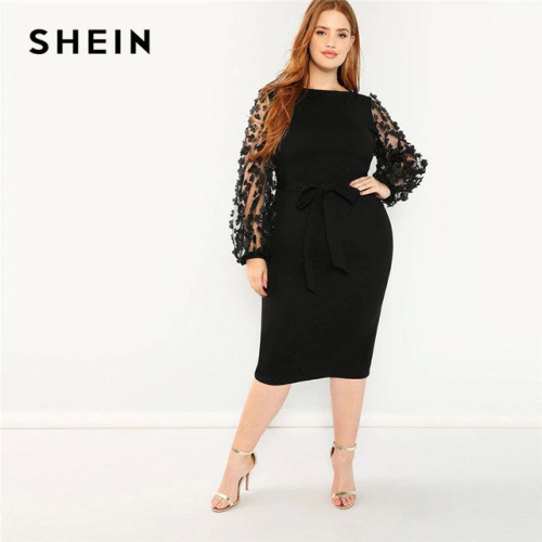 SHEIN Women Plus Size Elegant Black Pencil Dress With Applique Mesh Lantern Sleeve High Street Belted Slim Fit Party Dresses