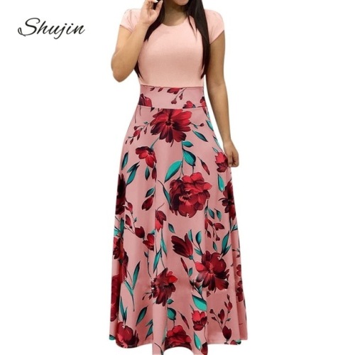 SHUJIN Women Charming Floral Print Summer Patchwork Maxi Dress 2019 Casual Short Sleeve Vintage Boho Beach Long Dress Vestidos