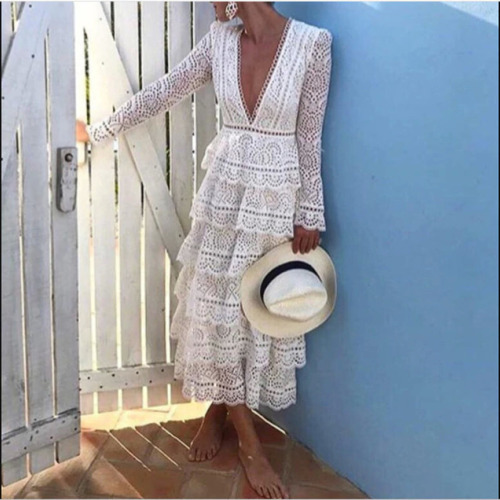 SMTHMA 2019 New arrive High quality luxury runway white Lace Dress women Long sleeve Sexy V-neck party dress vestidos