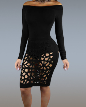 Sexy Bateau Neck Long Sleeves Hollow-out Black Cotton Sheath Knee Length Dress Sexy Bateau Neck Long Sleeves Hollow-out Black Cotton Sheath Knee Length Dress