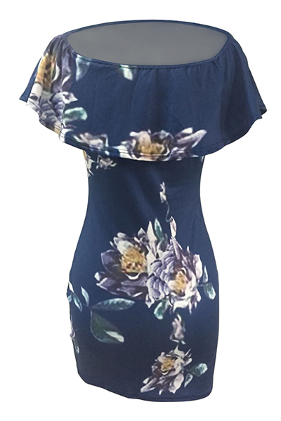 Sexy Bateau Neck Short Sleeves Floral Print Blue Qmilch Sheath Mini Dress