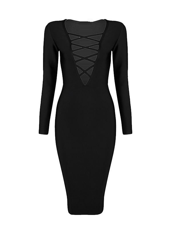Sexy Deep V Neck Hollow-out Black Polyester Sheath Knee Length Dress