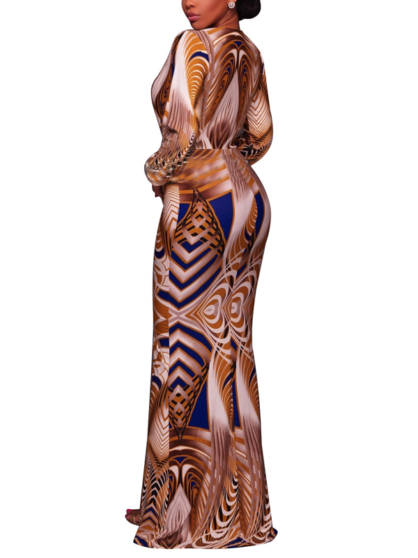 Sexy Deep V Neck Printed Yellow Healthy Fabric Sheath Ankle Length Dress