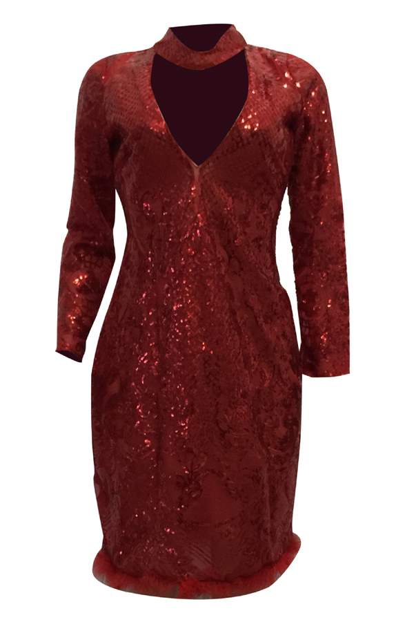 Sexy Deep V Neck See-Through Red Polyester Sheath Knee Length Dress