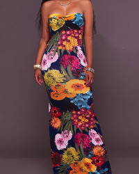 Sexy Dew Shoulder Printed Black Healthy Fabric Sheath Ankle Length Dress