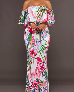 Sexy Dew Shoulder Printed White Milk Fiber Ankle Length Dress