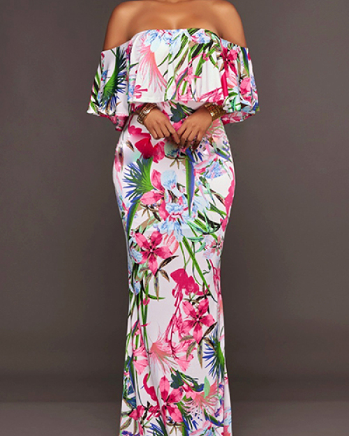 Sexy Dew Shoulder Printed White Milk Fiber Ankle Length Dress Sexy Dew Shoulder Printed White Milk Fiber Ankle Length Dress