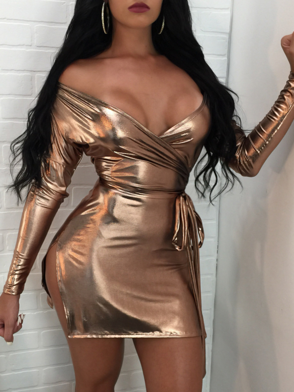 Sexy Dew Shoulder V Neck Champagne Cotton Mini Dress