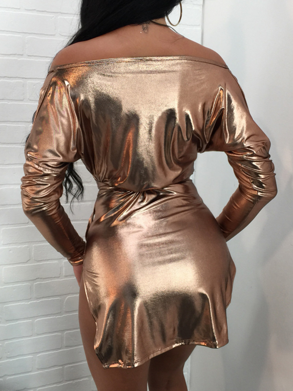 Sexy Dew Shoulder V Neck Champagne Cotton Mini Dress