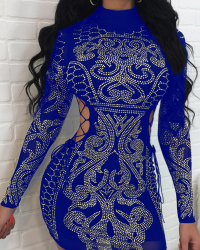 Sexy Hollow-out Rhinestone Decorative Blue Polyester Mini Dress