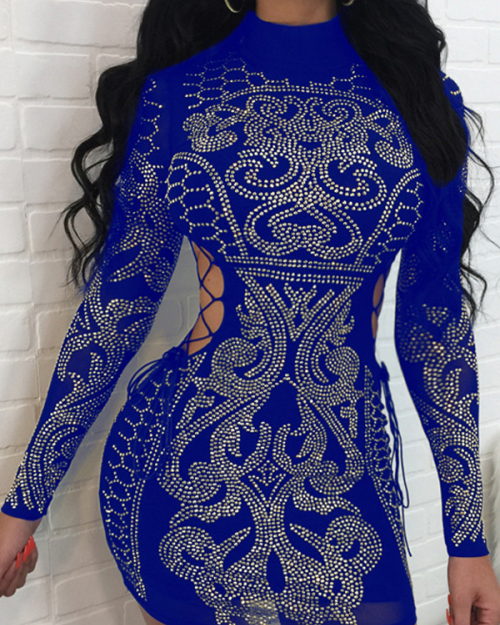 Sexy Hollow-out Rhinestone Decorative Blue Polyester Mini Dress Sexy Hollow-out Rhinestone Decorative Blue Polyester Mini Dress