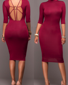 Sexy Mandarin Collar Half Sleeves Backless Wine Red Polyester Sheath Knee Length Dress Sexy Mandarin Collar Half Sleeves Backless Wine Red Polyester Sheath Knee Length Dress