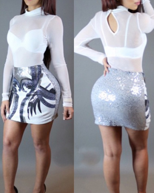 Sexy Mandarin Collar Long Sleeves Mesh Patchwork Hollow-out White Polyester Sheath Knee Length Dress Sexy Mandarin Collar Long Sleeves Mesh Patchwork Hollow-out White Polyester Sheath Knee Length Dress