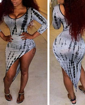 Sexy O Neck Long Sleeves Striped Print Asymmetrical Blending Sheath Mini Dress Sexy O Neck Long Sleeves Striped Print Asymmetrical Blending Sheath Mini Dress