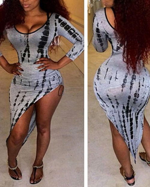 Sexy O Neck Long Sleeves Striped Print Asymmetrical Blending Sheath Mini Dress Sexy O Neck Long Sleeves Striped Print Asymmetrical Blending Sheath Mini Dress