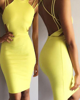 Sexy O Neck Spaghetti Strap Sleeveless Backless Yellow Cotton Blend Sheath Mini Dress Sexy O Neck Spaghetti Strap Sleeveless Backless Yellow Cotton Blend Sheath Mini Dress