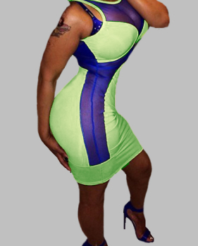Sexy O Neck Tank Sleeveless Backless Hollow-out Mesh Patchwork Green Polyester Sheath Mini Dress Sexy O Neck Tank Sleeveless Backless Hollow-out Mesh Patchwork Green Polyester Sheath Mini Dress