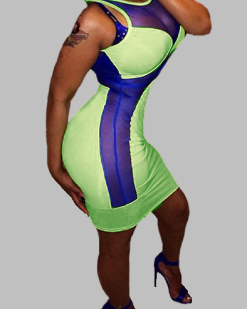 Sexy O Neck Tank Sleeveless Backless Hollow-out Mesh Patchwork Green Polyester Sheath Mini Dress Sexy O Neck Tank Sleeveless Backless Hollow-out Mesh Patchwork Green Polyester Sheath Mini Dress