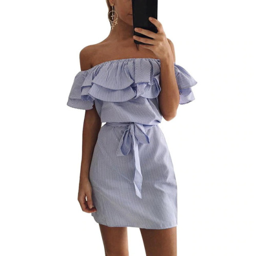 Sexy Off Shoulder Dress Women beach Strapless Striped print Ruffles tunic Sundresses Summer Mini party Dress Vestido  de verano