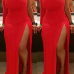 Sexy One Shoulder Long Sleeve Side Split Red Polyethylene Fibre Sheath Ankle Length Dress Sexy One Shoulder Long Sleeve Side Split Red Polyethylene Fibre Sheath Ankle Length Dress