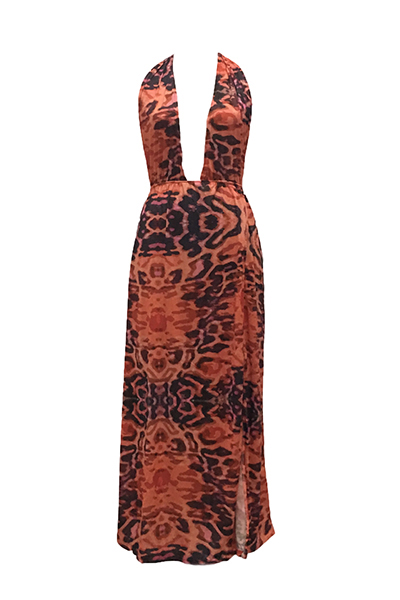 Sexy Printed High Split Milk Fiber Ankle Length Dress(Without Choker)