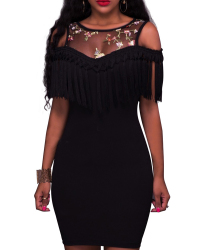 Sexy Round Neck Dew Shoulder Tassel Design Black Polyester Mini Dress