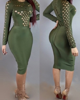 Sexy Round Neck Long Sleeves Hollow-out Army Green Qmilch Sheath Knee Length Dress Sexy Round Neck Long Sleeves Hollow-out Army Green Qmilch Sheath Knee Length Dress
