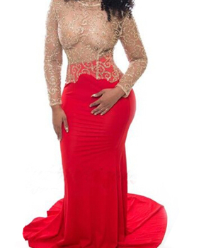 Sexy Round Neck Long Sleeves Lace Patchwork Hollow-out Red Lace Mermaid Floor length Dress Sexy Round Neck Long Sleeves Lace Patchwork Hollow-out Red Lace Mermaid Floor length Dress